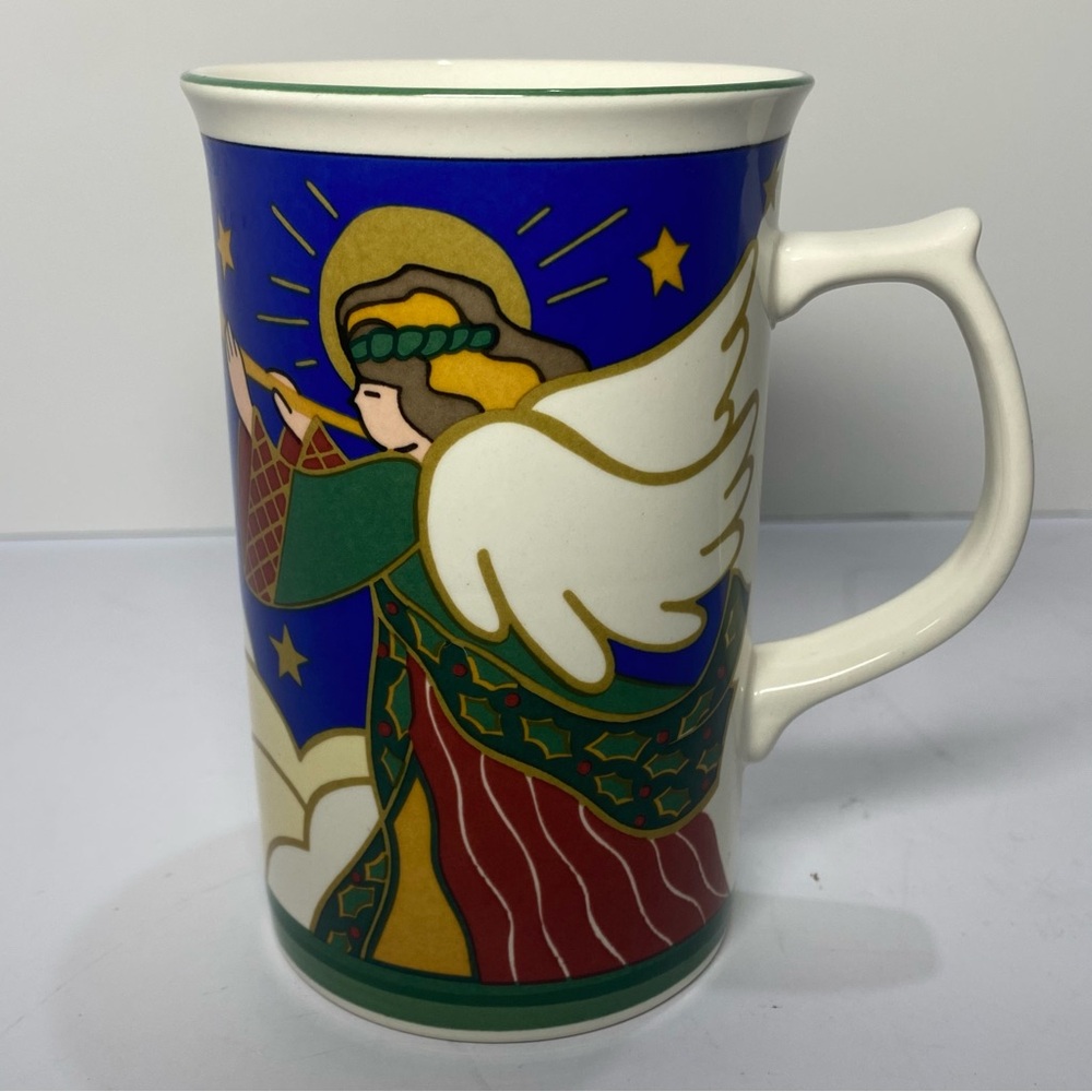 Mikasa "Rejoice" Mug Angel CC303 Christmas Holiday Ceramic Coffee Cup Blue Stars